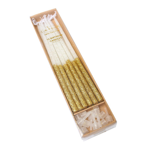 GOLD GLITTER DIPPED CAKE CANDLES 12pk