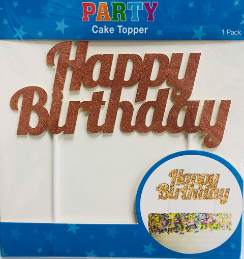 ROSE GOLD HAPPY BIRTHDAY  GLITTER CARD CAKE TOPPER 14cm wide