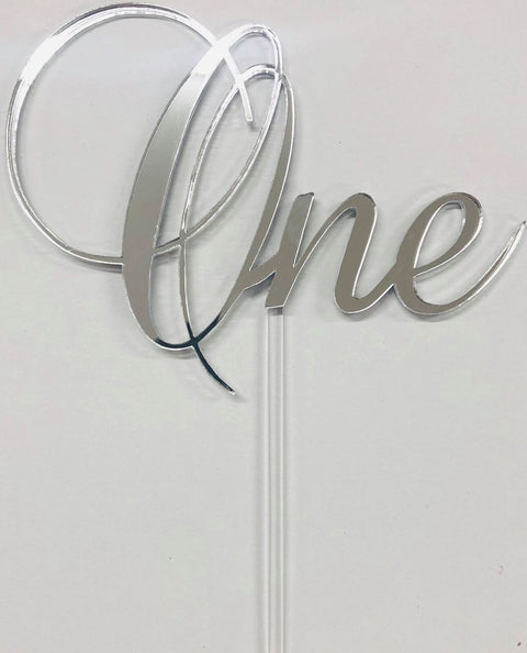 ONE CAKE TOPPERS ACRYLIC & WOOD [MESSAGE: ONE SILVER MIRROR CAKE TOPPER]
