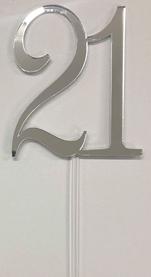 21st CAKE TOPPERS ACRYLIC & WOOD [MESSAGE: 21 ELEGANT SILVER MIRROR CAKE TOPPER]