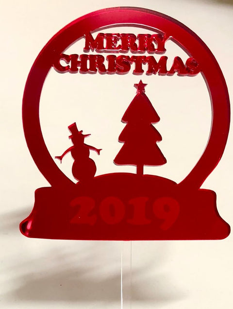 CHRISTMAS CAKE TOPPERS ACRYLIC & WOOD [MESSAGE: SNOW GLOBE ENGRAVED RED MIRROR CAKE TOPPER]