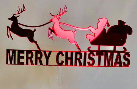CHRISTMAS CAKE TOPPERS ACRYLIC & WOOD [MESSAGE: MERRY CHRISTMAS SANTA SLEIGH RED MIRROR ACRYLIC]