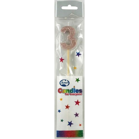 GLITTER #3 ROSE GOLD CANDLE ON STICK - Whip It Up Cake Supplies