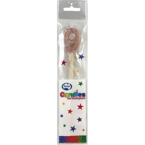 GLITTER #9 ROSE GOLD CANDLE ON STICK - Whip It Up Cake Supplies