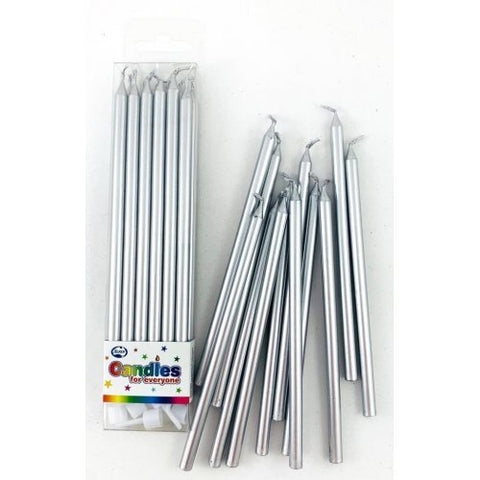 SILVER CANDLES 12pk EXTRA LONG 12cm WITH HOLDERS