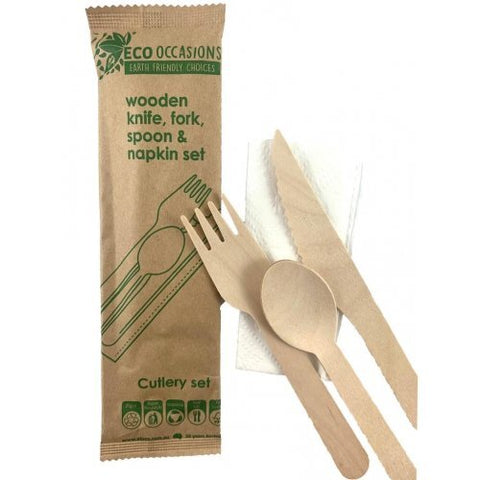 CUTLERY SET - WOODEN KNIFE, FORK, SPOON & NAPKIN - INDIVIDUALLY WRAPPED - Whip It Up Cake Supplies