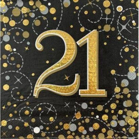 21 NAPKINS - BLACK AND GOLD SPARKLING FIZZ 16 pack - Whip It Up Cake Supplies