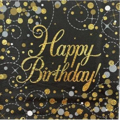 HAPPY BIRTHDAY NAPKINS - BLACK AND GOLD SPARKLING FIZZ 16 pack - Whip It Up Cake Supplies