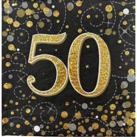 50 NAPKINS - BLACK AND GOLD SPARKLING FIZZ 16 pack - Whip It Up Cake Supplies