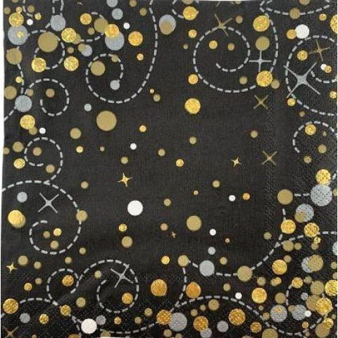 NAPKINS - BLACK AND GOLD SPARKLING FIZZ 16 pack - Whip It Up Cake Supplies