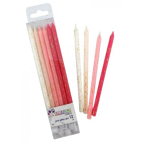 PINK GLITTER SLIM CANDLES 12 pack - Whip It Up Cake Supplies