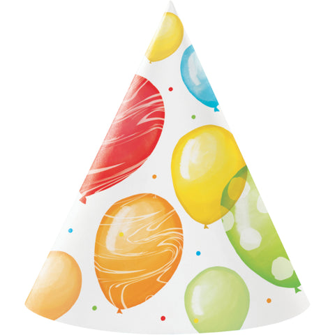 BALLOON BASH BIRTHDAY CONE SHAPED PARTY HATS 8 pack
