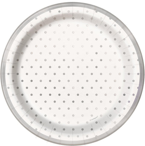 SILVER FOIL DOTS SNACK PLATES 7" x  8 pack - Whip It Up Cake Supplies