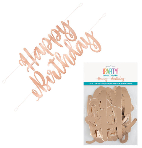 ROSE GOLD SCRIPT HAPPY BIRTHDAY JOINTED BANNER 2.13m long - Whip It Up Cake Supplies