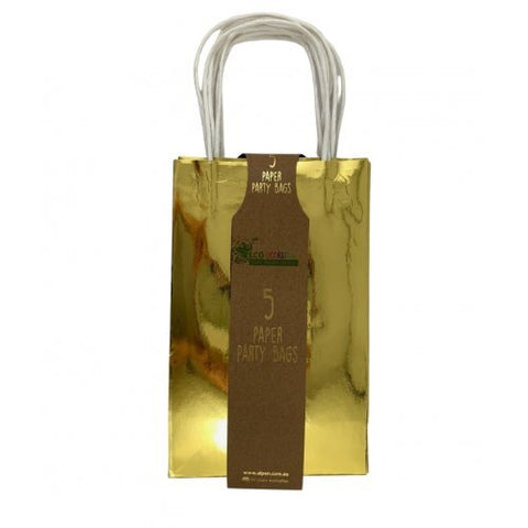 GOLD METALLIC PAPER PARTY BAGS WITH HANDLES 5 pack