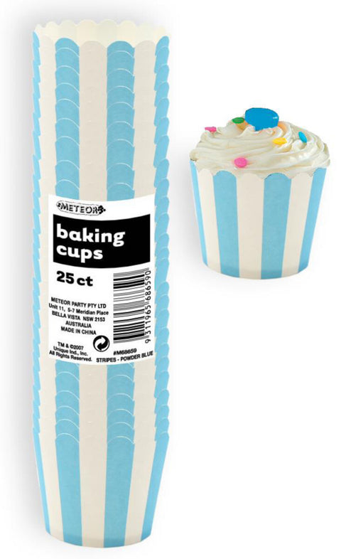 POWDER BLUE STRIPED BAKING CUPS 25 pack - Whip It Up Cake Supplies