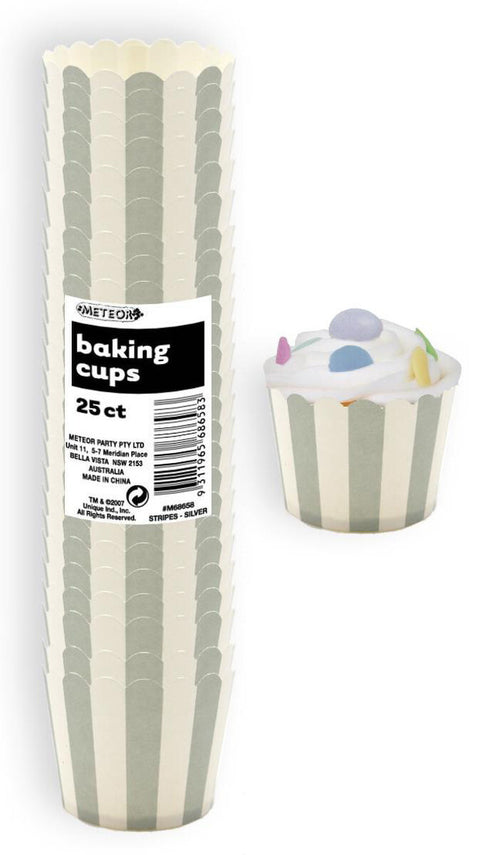 GREY / SILVER STRIPED BAKING CUPS 25 pack - Whip It Up Cake Supplies