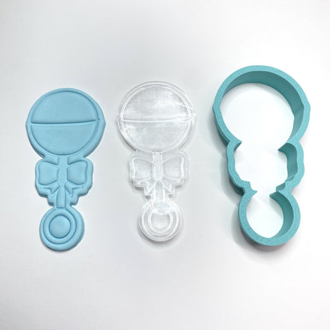 BABY RATTLE EMBOSSED COOKIE STAMP & CUTTER SET - Whip It Up Cake Supplies