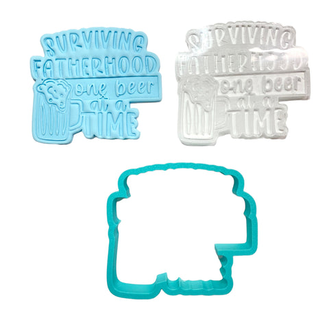 SURVIVING FATHERHOOD ONE BEER AT A TIME EMBOSSED COOKIE STAMP & CUTTER SET - Whip It Up Cake Supplies