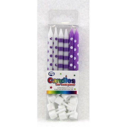 PURPLE CANDLES DOTS & STRIPS 12pk - Whip It Up Cake Supplies