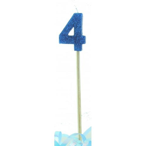 GLITTER #4 BLUE CANDLE ON STICK - Whip It Up Cake Supplies