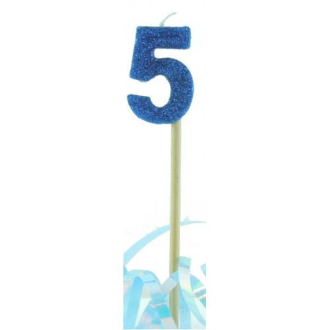 GLITTER #5 BLUE CANDLE ON STICK - Whip It Up Cake Supplies