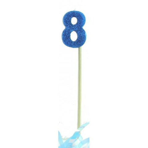 GLITTER #8 BLUE CANDLE ON STICK - Whip It Up Cake Supplies