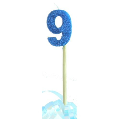 GLITTER #9 BLUE CANDLE ON STICK - Whip It Up Cake Supplies