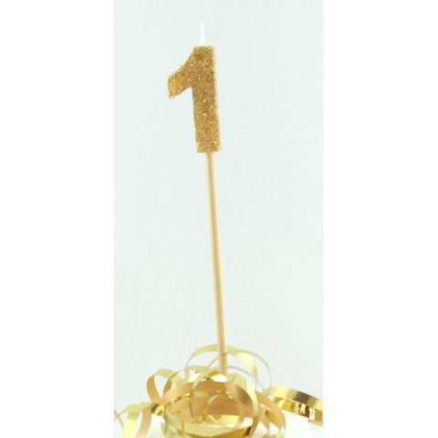 GLITTER #1 GOLD CANDLE ON STICK - Whip It Up Cake Supplies