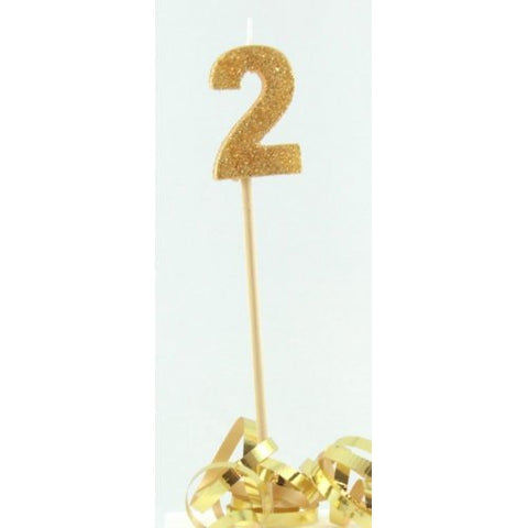 GLITTER #2 GOLD CANDLE ON STICK - Whip It Up Cake Supplies