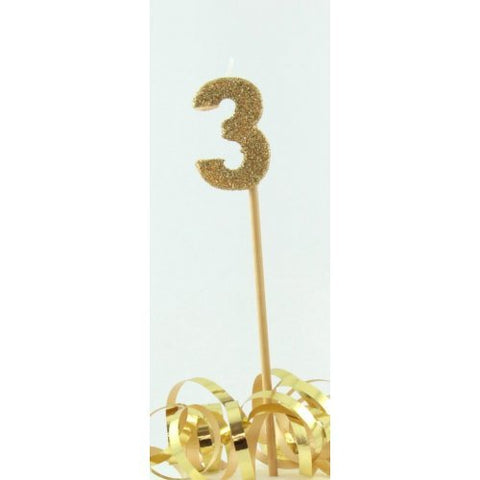 GLITTER #3 GOLD CANDLE ON STICK - Whip It Up Cake Supplies