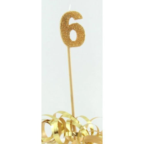 GLITTER #6 GOLD CANDLE ON STICK - Whip It Up Cake Supplies