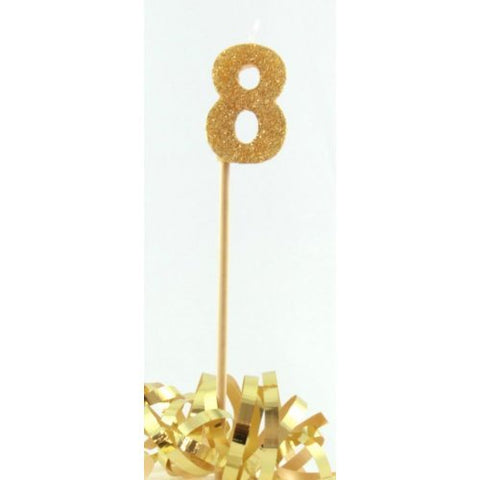 GLITTER #8 GOLD CANDLE ON STICK - Whip It Up Cake Supplies