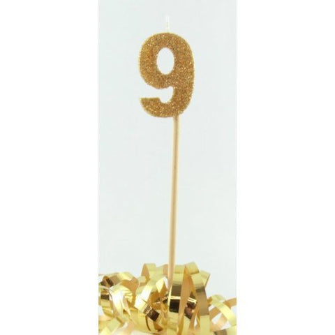 GLITTER #9 GOLD CANDLE ON STICK - Whip It Up Cake Supplies