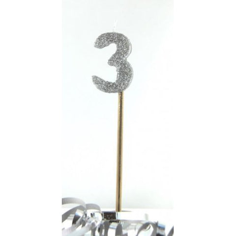 GLITTER #3 SILVER CANDLE ON STICK - Whip It Up Cake Supplies