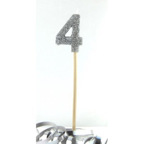 GLITTER #4 SILVER CANDLE ON STICK - Whip It Up Cake Supplies