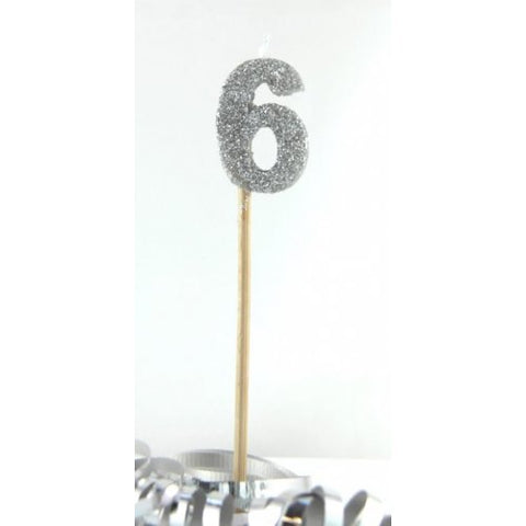 GLITTER #6 SILVER CANDLE ON STICK - Whip It Up Cake Supplies