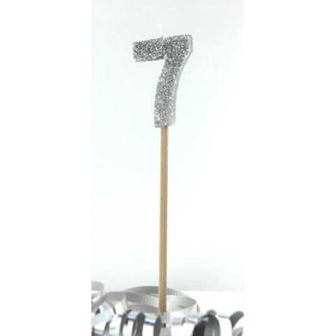 GLITTER #7 SILVER CANDLE ON STICK - Whip It Up Cake Supplies