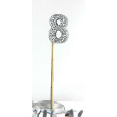 GLITTER #8 SILVER CANDLE ON STICK - Whip It Up Cake Supplies