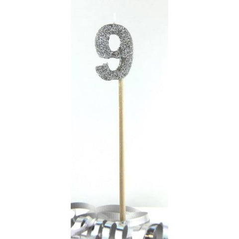 GLITTER #9 SILVER CANDLE ON STICK - Whip It Up Cake Supplies