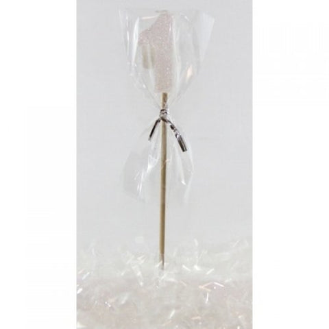 GLITTER #1 WHITE CANDLE ON STICK - Whip It Up Cake Supplies