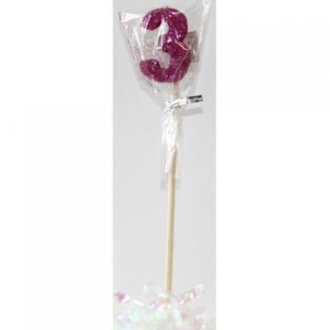 GLITTER #3 PINK CANDLE ON STICK - Whip It Up Cake Supplies